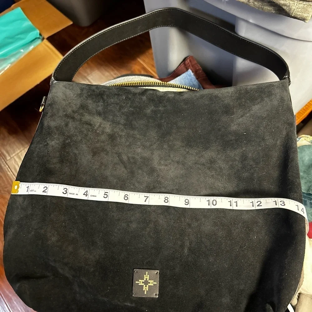 India Hicks Black Suede & Leather Hobo Style Handbag 